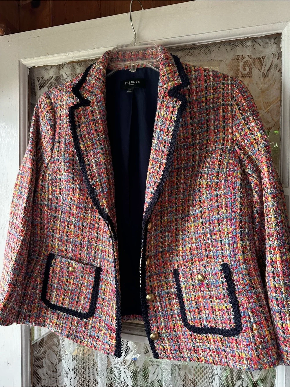 Talbots Multicolor Tweed Jacket with Navy Trim